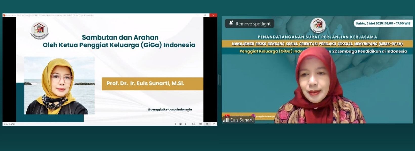 Jakarta – GiGa Indonesia, organisasi penggiat ketahanan keluarga, resmi menandatangani Surat Perjanjian Kerja Sama Manajemen Risiko Bencana Sosial – Orientasi Perilaku Seksual Menyimpang (OPSM) dengan 22 lembaga pendidikan dari berbagai daerah di Indonesia. Penandatanganan ini dilakukan secara daring melalui Zoom Meeting dan dihadiri oleh para pimpinan lembaga pendidikan, tokoh pendidikan nasional, serta aktivis keluarga. Kegiatan ini merupakan lanjutan dari pelatihan manajemen risiko yang sebelumnya diikuti oleh 55 lembaga pendidikan. Ketua Umum GiGa Indonesia, Prof. Dr. Ir. Euis Sunarti, M.Si—yang juga merupakan Guru Besar bidang ketahanan dan pemberdayaan keluarga di IPB University—memimpin langsung jalannya agenda penting ini. “Perlindungan anak, remaja, dan setiap individu dimulai dari keluarga sebagai institusi utama pembentuk manusia berkualitas. Namun, keluarga tidak bisa berjalan sendiri. Diperlukan sinergi strategis antara keluarga dan lembaga pendidikan sebagai benteng kedua perlindungan anak dalam menghadapi berbagai ancaman bencana sosial, khususnya yang terkait dengan orientasi dan perilaku seksual menyimpang,” ujar Prof. Euis dalam sambutannya. Ia juga menegaskan pentingnya peran negara dalam mendukung upaya-upaya penanganan bencana sosial melalui regulasi, kebijakan, dan dukungan sumber daya. Melalui kerja sama ini, GiGa Indonesia akan menyediakan Panduan Manajemen Risiko Bencana Sosial OPSM dan memberikan pendampingan teknis melalui fasilitator-fasilitator terlatih. Program ini juga akan melibatkan forum advokasi dan edukasi yang menyasar masyarakat pendidikan dan keluarga secara langsung. “GiGa Indonesia percaya bahwa tantangan zaman modern hanya bisa diatasi dengan menyatukan visi seluruh elemen bangsa—yakni menyelamatkan masa depan generasi melalui penguatan institusi terkecil namun terkuat: keluarga,” pungkas Prof. Euis.