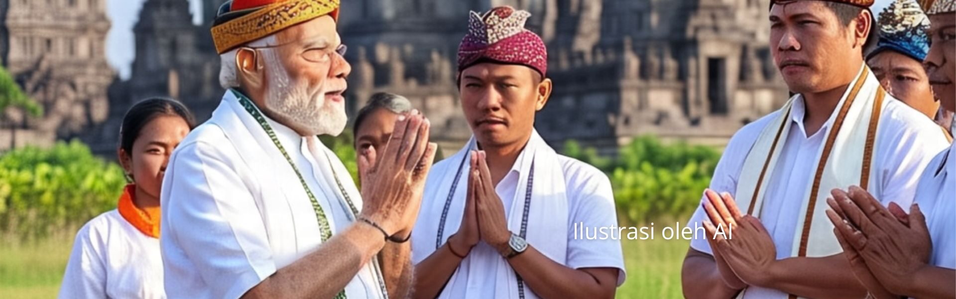 Ilustasi gambar digital diolah oleh AI, Modi bersama warga hindu Indonesia