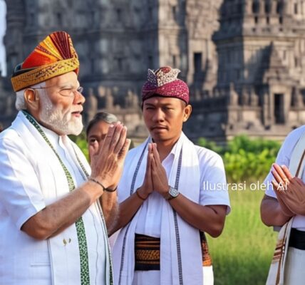 Ilustasi gambar digital diolah oleh AI, Modi bersama warga hindu Indonesia