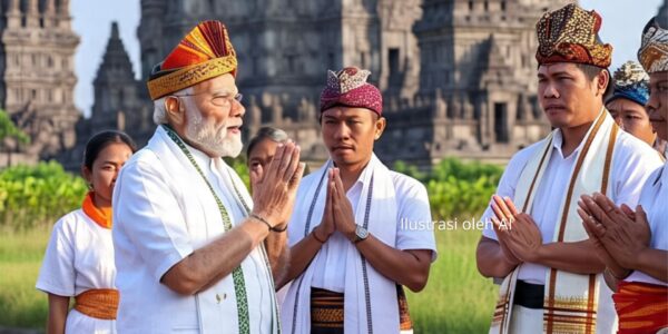 Ilustasi gambar digital diolah oleh AI, Modi bersama warga hindu Indonesia
