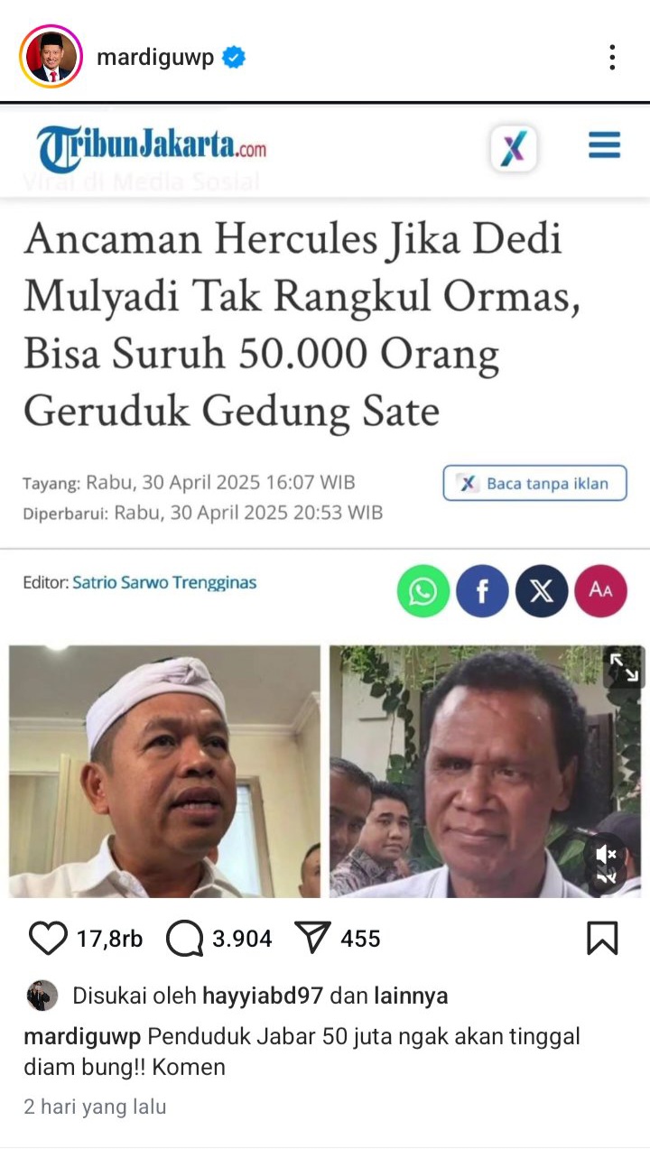 Tangkap Layar Instagram Mardigu Tantang Hercules
