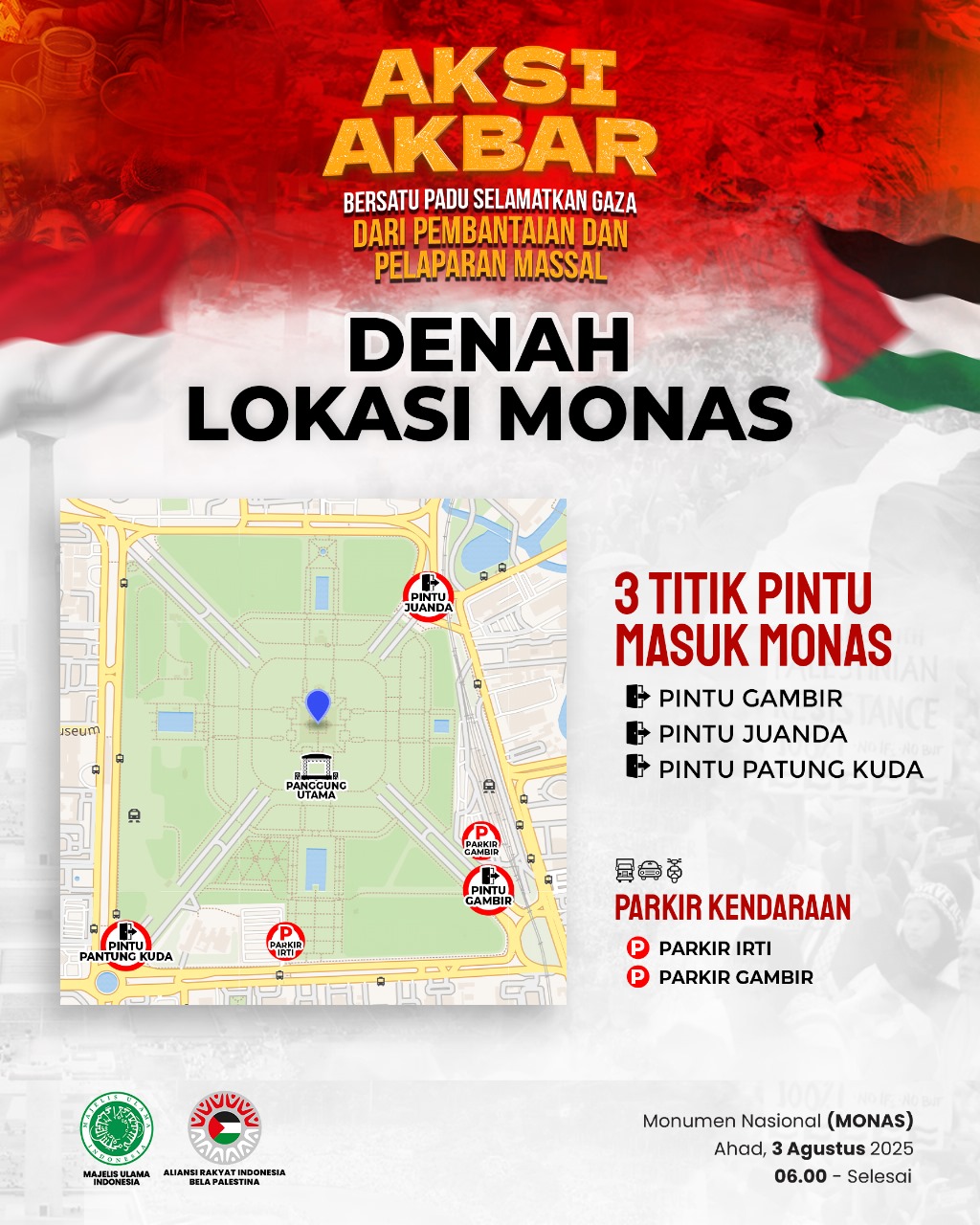 Poster Denah Lokasi Aksi Akbar Bela Palestian di Monas, Ahad, 3 Agustus 2025