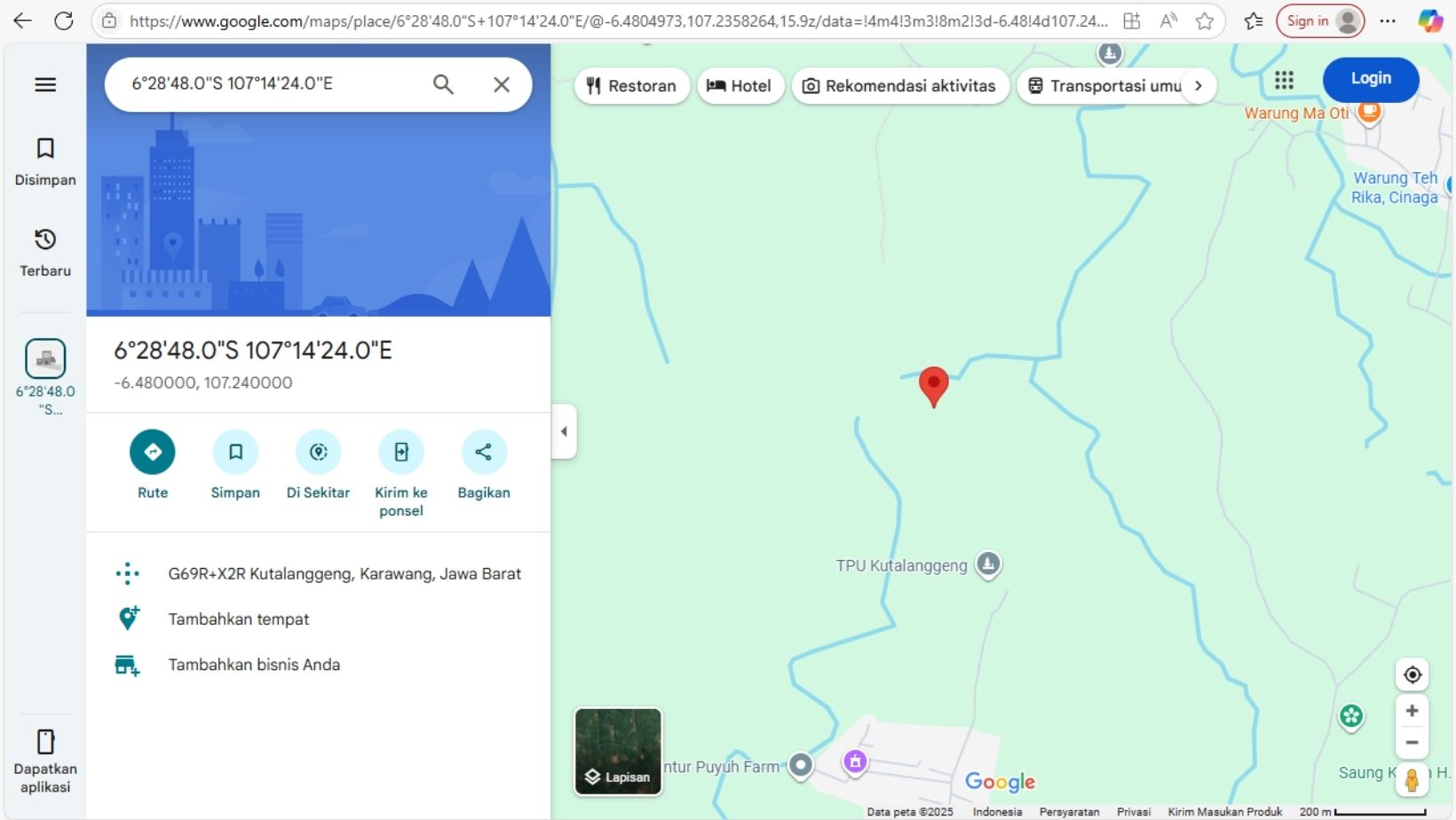 Pantauan tangkap layar Google Map, koordinat titik pusat gempa