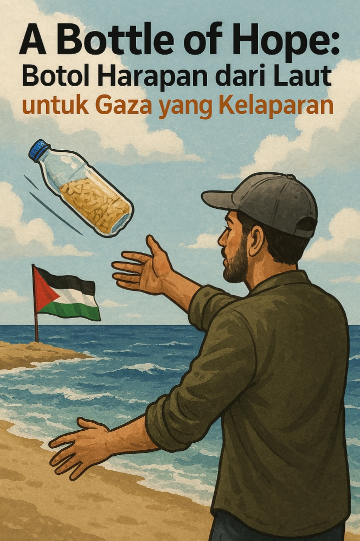 Ilustrasi Gerakan A Bottle of Hope menjadi simbol solidaritas global untuk Gaza. Ribuan botol berisi makanan dilemparkan ke Laut Mediterania oleh aktivis dari berbagai negara